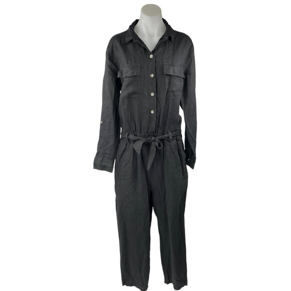 NEW Saks Fifth Avenue 100% Linen Black Long Sleeve Button Up Romper Jumpsuit L - Picture 1 of 4